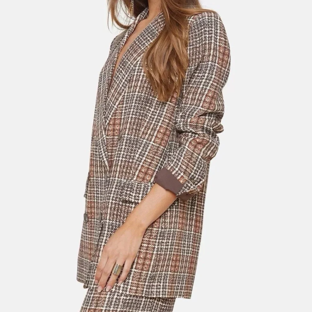L'Agence Jayda Brown Tweed Print Lightweight Crepe Oversized Blazer Jacket NWT